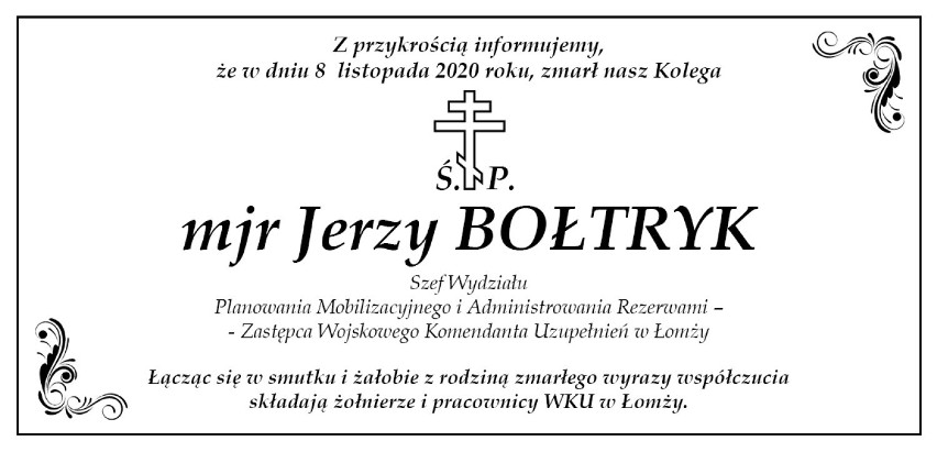 Zmarł major Jerzy Bołtryk, zastępca Wojskowego Komendanta Uzupełnień w Łomży