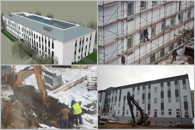 Tak przebiega budowa Powiatowego Centrum Zdrowia przy ulicy Wyszyńskiego we Włocławku, 10 lutego 2023 roku.