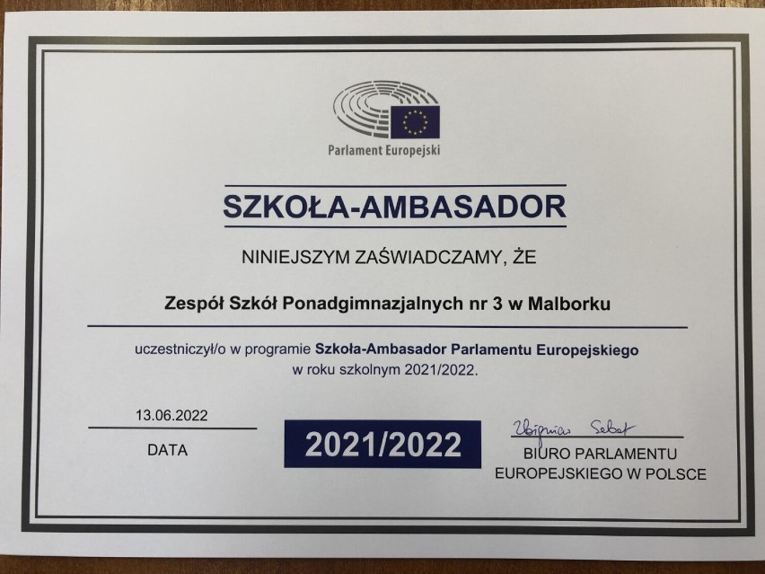 Malbork. ZSP 3 kolejny raz z certyfikatem Szkoły - Ambasadora Parlamentu Europejskiego 