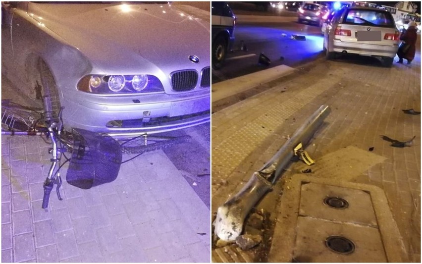 Wypadek na skrzyżowaniu Okrzei - Wronia we Włocławku. BMW wjechał na chodnik i potrącił rowerzystę 