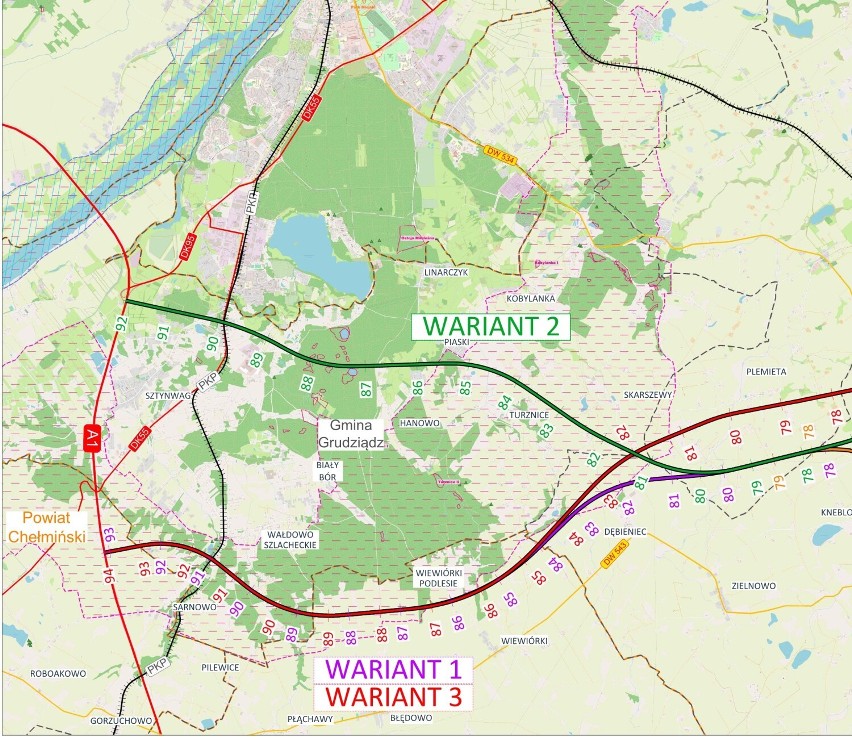 Planowane przebiegi trasy S5 na odcinku Grudziądz-Ostróda