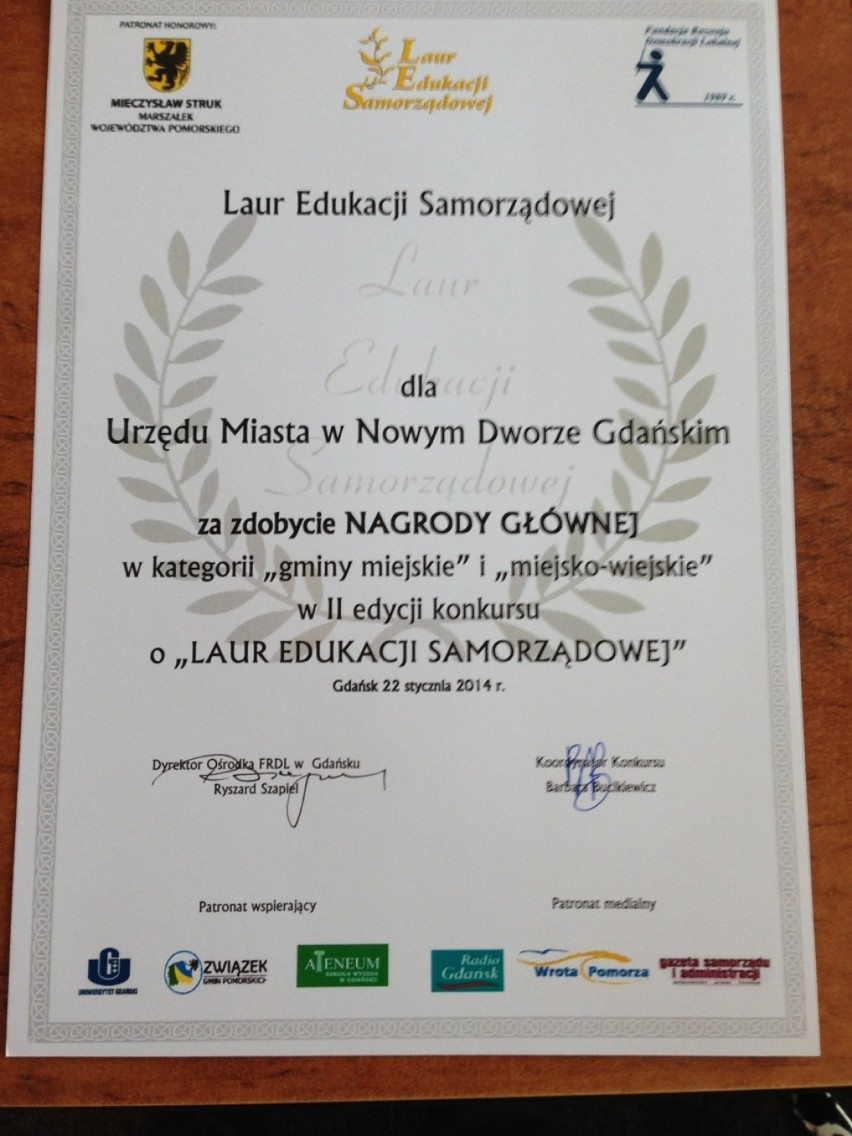 Urząd Miejski w Nowym Dworze Gdańskim dostał  Laur Edukacji...