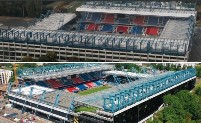 Stadion Wisły Kraków przed i po przebudowie.