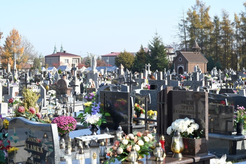 Cmentarz klasztorny w Jędrzejowie na dzień przed 1 listopada. Ostatnie przygotowania do Wszystkich Świętych