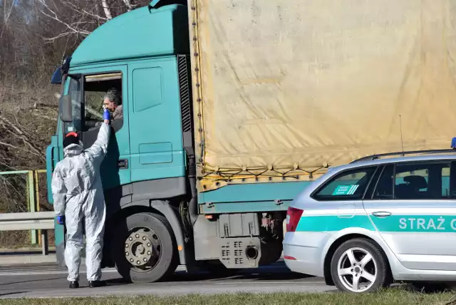 Funkcjonariusze Straży Granicznej ubrani w ochronne kombinezony i w maseczkach na twarzy kontrolują wjeżdżających kierowców