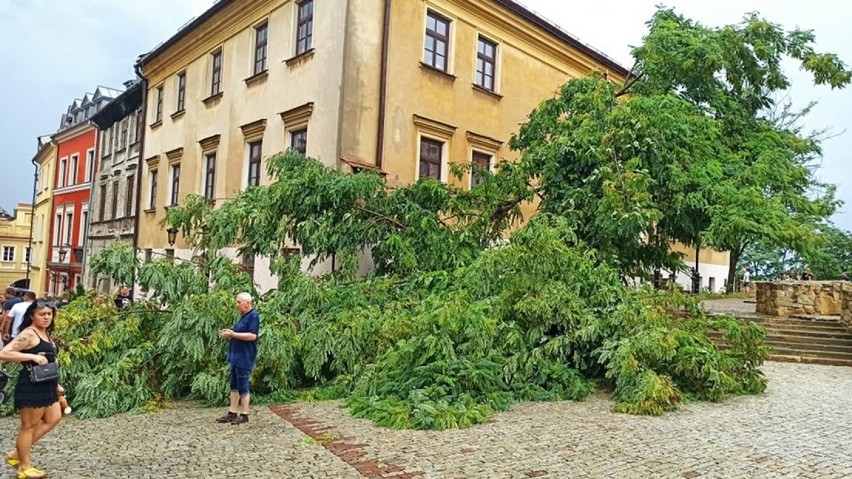 Oberwanie chmury nad Lublinem. Połamane parasole i złamane drzewo na Starym Mieście [WIDEO, ZDJĘCIA]