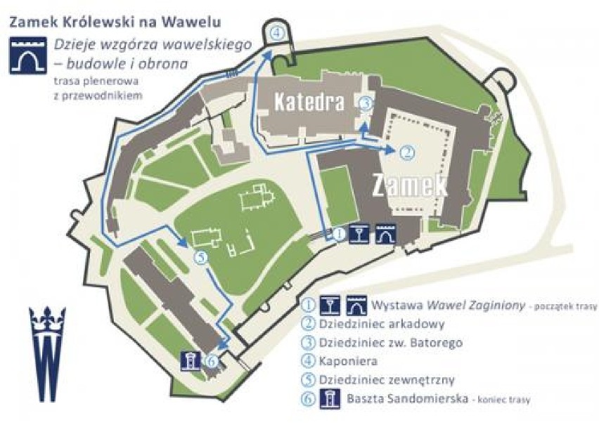 Plan trasy "Dzieje wzgórza wawelskiego- budowle i obrona"