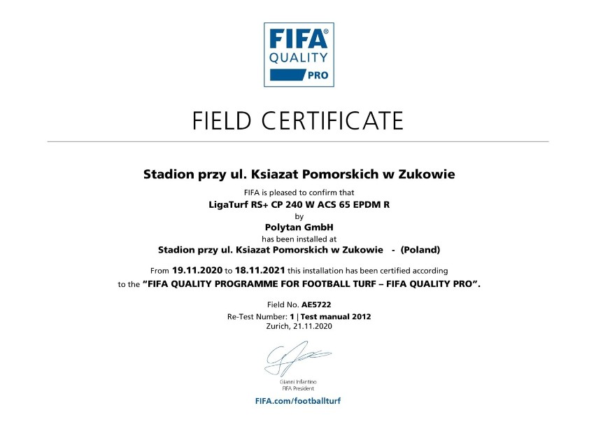 Żukowskie boisko z certyfikatem FIFA Quality Pro