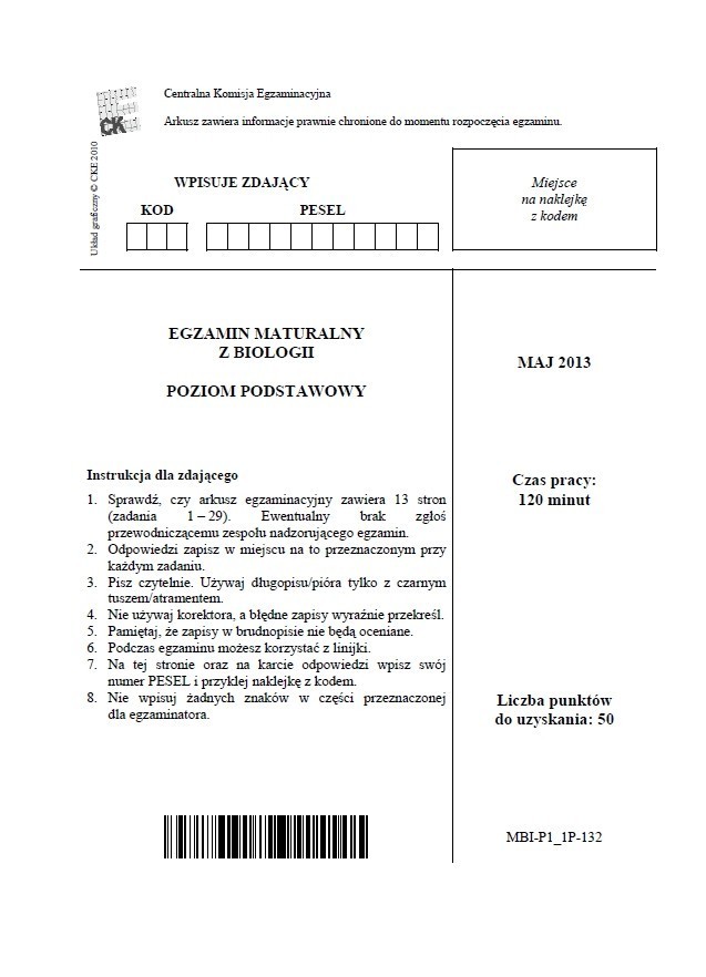 Matura 2013. Biologia - poziom rozszerzony [ARKUSZE, ODPOWIEDZI]