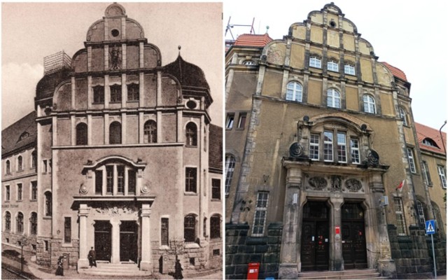 Po lewej budynek poczty w latach 1913-1915, po prawej zdjęcie z 27.07.2022