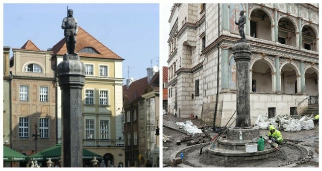 Po lewej zdjęcie pręgierza przed renowacją (2011 rok). Po prawej - odrestaurowany.