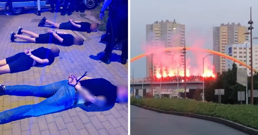 150 kiboli odpaliło race na kładce nad DTŚ w Katowicach - WIDEO. Uciekając potrącili policjantów