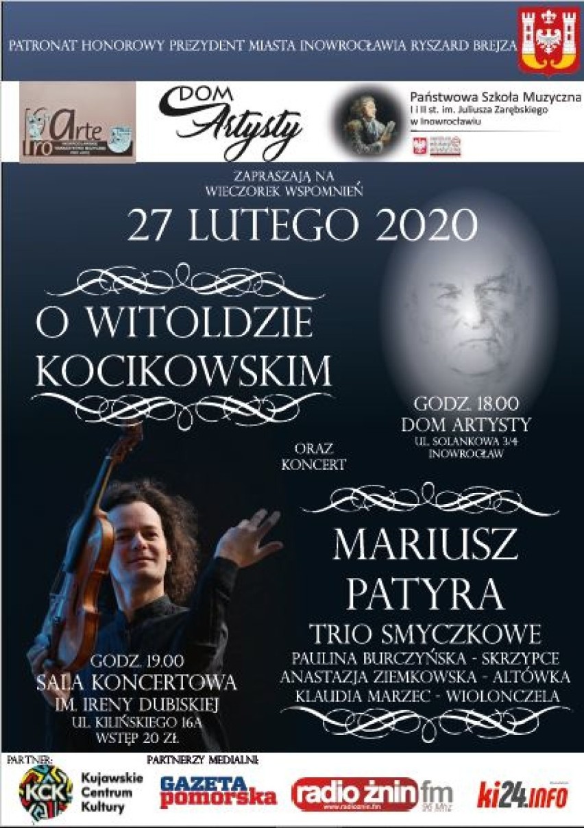 Wieczór wspomnień o Witoldzie Kocikowskim oraz koncert skrzypka Mariusza Patyry w Inowrocławiu [zapowiedź]