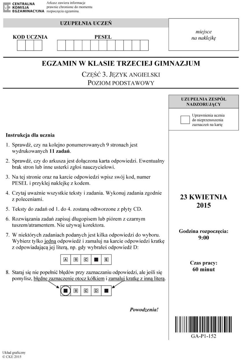 Egzamin gimnazjalny 2015: Język angielski - poziom podstawowy [arkusze pdf, klucz odpowiedzi]