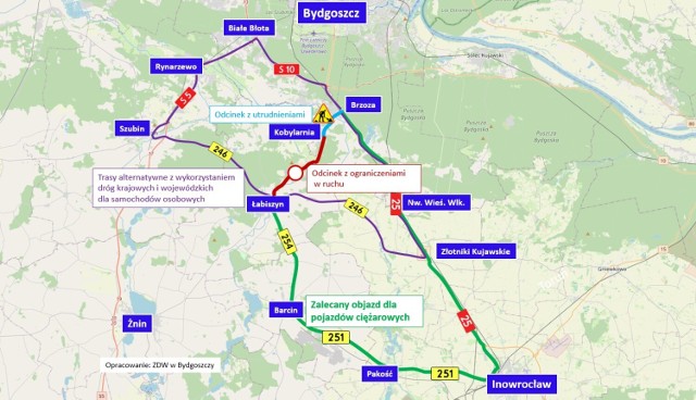 Mapka z ograniczeniami ruchu i objazdami przy przebudowie DW 254 Łabiszyn - Brzoza.