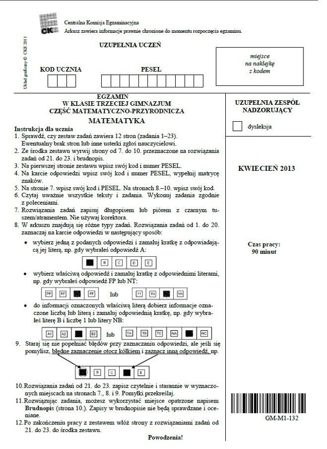 Egzamin gimnazjalny 2013. Matematyka. Strona 1