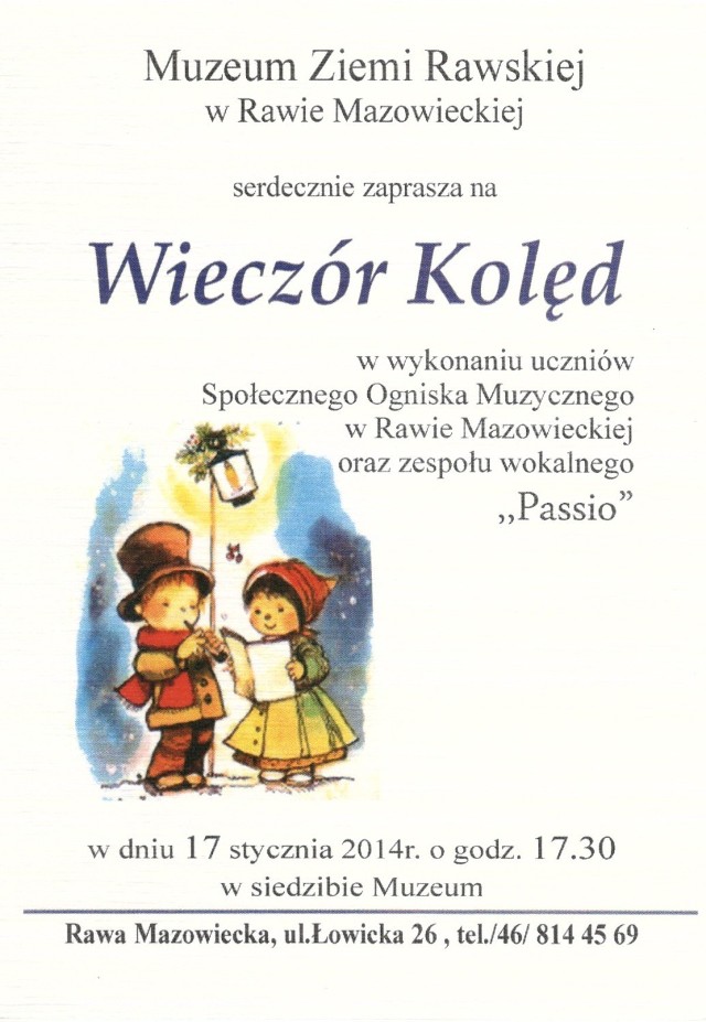 Zaproszenie na "Wieczór kolęd" w Muzeum Ziemi Rawskiej