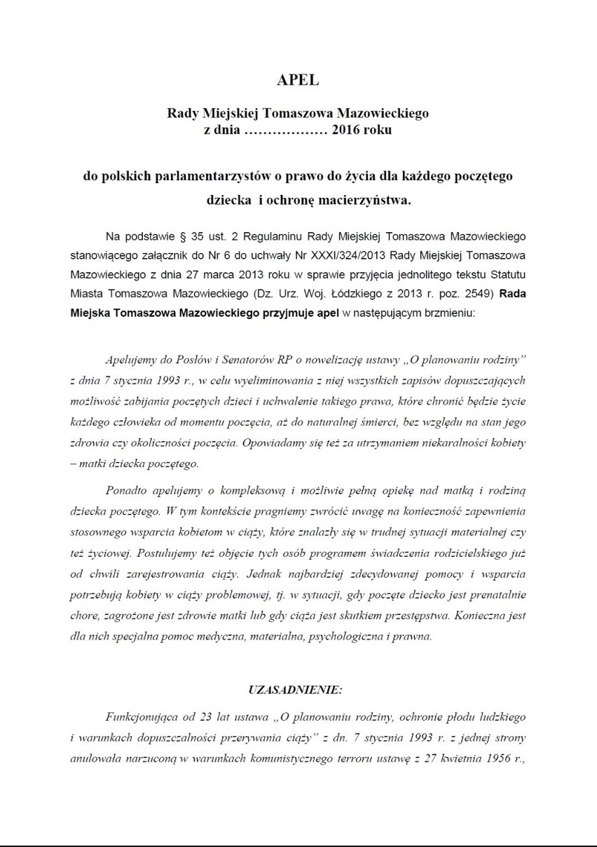 Rada Miejska w Tomaszowie Maz. uchwaliła apel w sprawie ochrony życia poczętego.Nowoczesna odpowiada