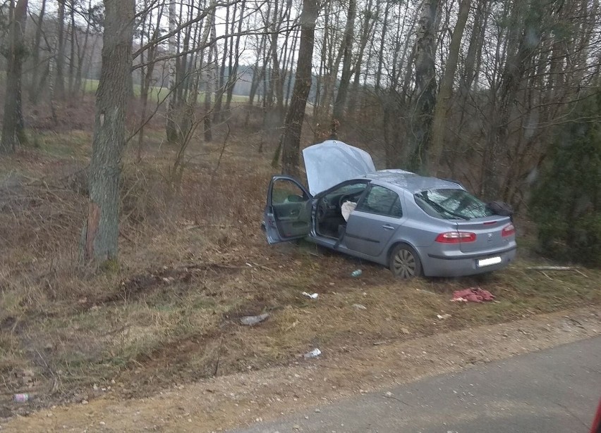 Wypadek w Zawistach Podleśnych. Renault wypadł z drogi. 3.03.2023