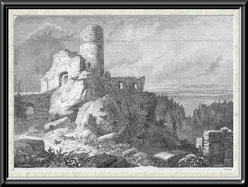 Ruiny zamku w Smoleniu. Rysunek A. Schouppego z 1867 r.
Źródło: Zamki w Polsce, Bohdan Guerquin, Arkady 1984