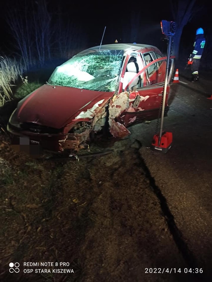 Wypadek w Bożympolu w gm. Stara Kiszewa. 21-letni mężczyzna bez prawa jazdy uderzył w drzewo fordem [ZDJĘCIA]