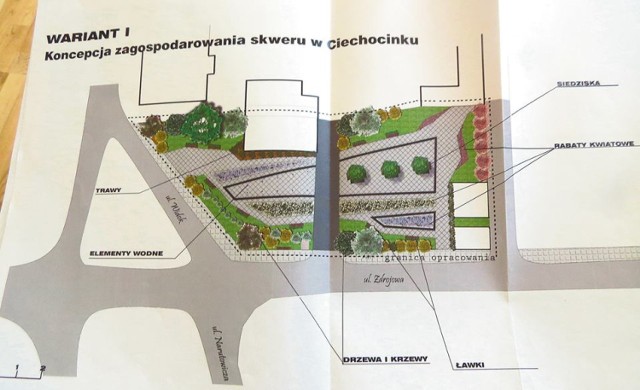 Pani inżynier przygotowała trzy koncepcje zagospodarowania skweru między ulicą Widok a Biedronką. Oto jedna z nich
