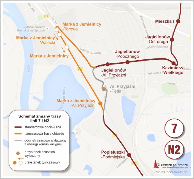 Autobusy linii 7 i N2 będą kursowały od przystanku „Jagiellonów- Al. Przyjaźni” do przystanku „Popiełuszki-Podmiejska” (w obu kierunkach) przez przejazd kolejowy zlokalizowany przy ulicy Torowej (w sąsiedztwie firmy Nutricia)