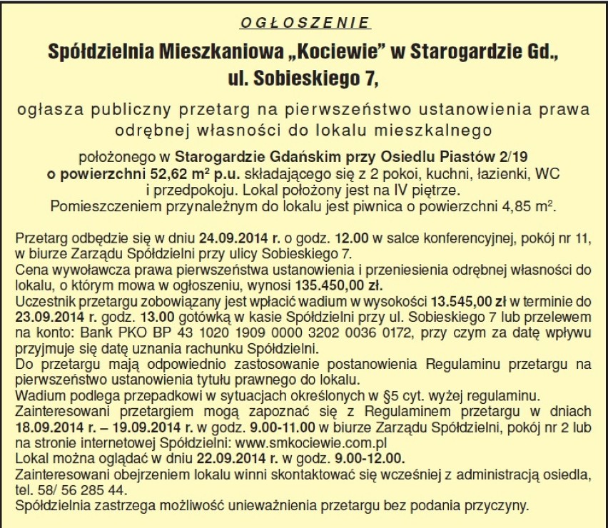 Przetargi Spółdzielni Mieszkaniowej Kociewie