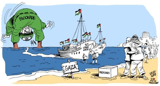Satyryczny rysunek przedstawiający absurdalność izraelskiej blokady, kt&oacute;ra zakazywała m.in. wwożenie do Strefy Gazy lek&oacute;w.
http://commons.wikimedia.org/wiki/File:Rights_advocates_defy_israeli_blockade_of_gaza.gif