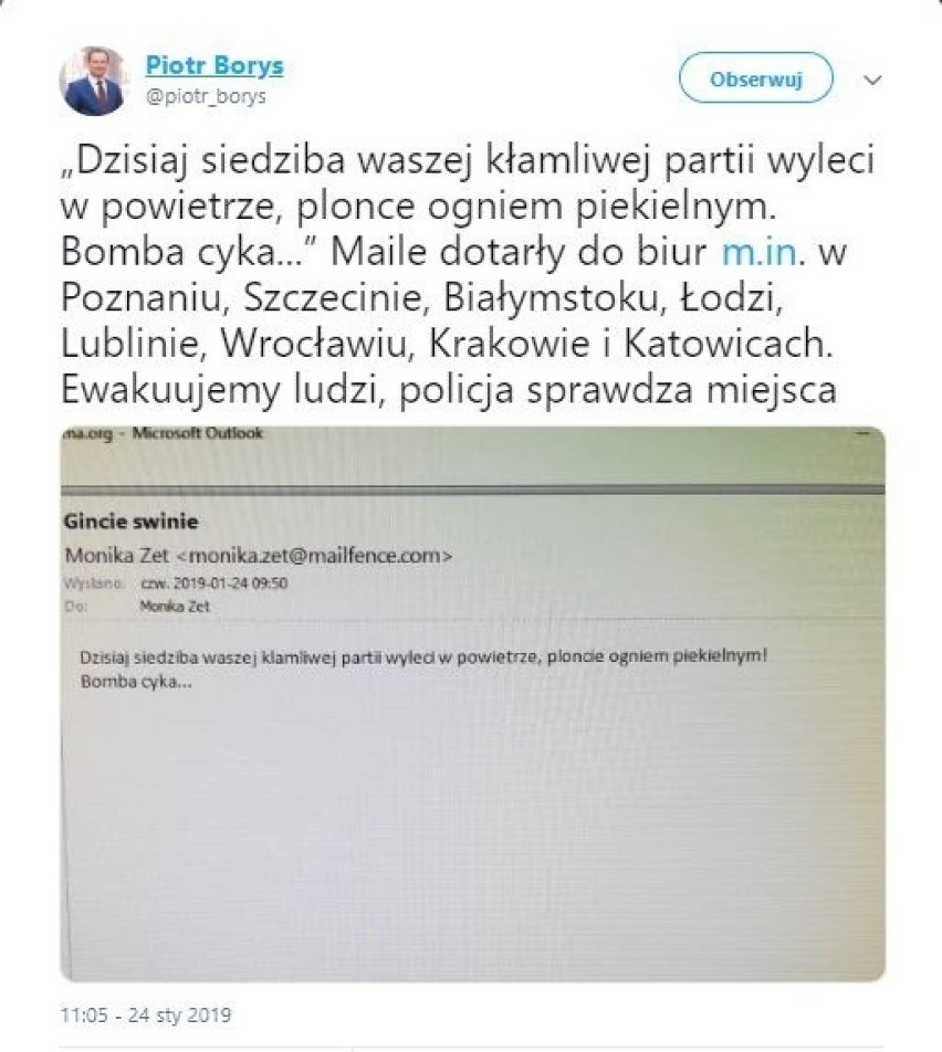 Alarmy bombowe w biurach PO w całej Polsce: Płońcie ogniem piekielnym. Bomba cyka - napisał anonimowy sprawca. Jest reakcja policji