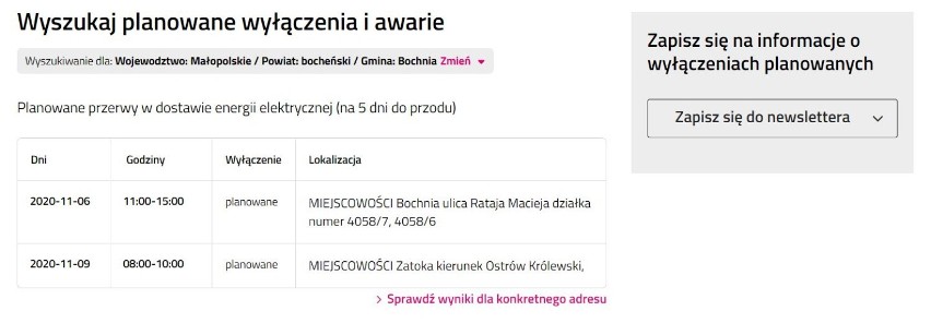 Wyłączenia prądu w regionie Bochni i Brzeska [3.11.2020]