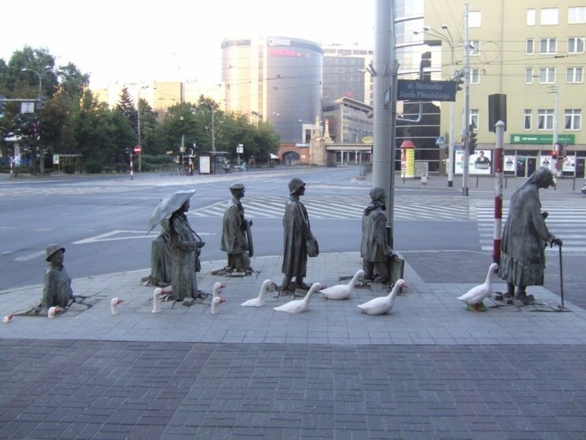 Wrocław: Gęsi przy rzeźbie Anonimowego Przechodnia (ZDJĘCIA)