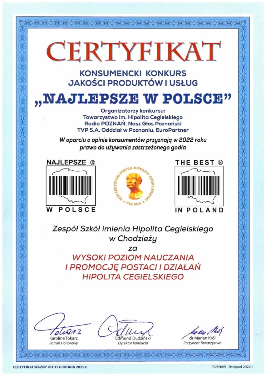 Chodzieski „Hipolit” z certyfikatem „Najlepsze w Polsce”