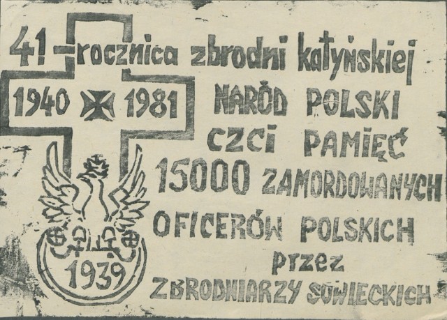 Ulotka upamiętniająca 41. rocznicę zbrodni katyńskiej z 1981 r. (dar Leszka Radziemskiego)