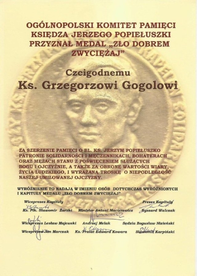 Medal "Zło dobrem zwyciężaj" dla ks. Grzegorza Gogola został wręczony 16 paźdzernika