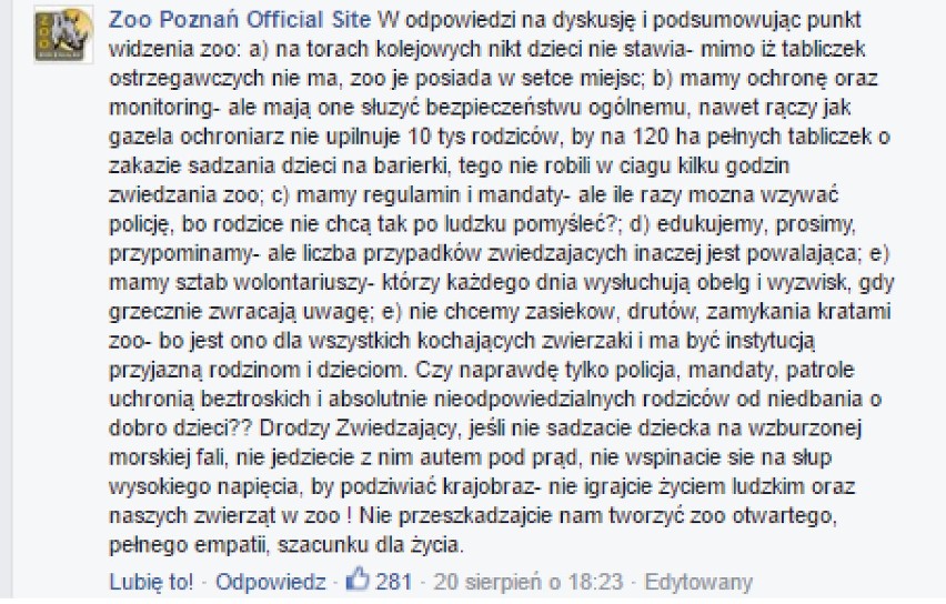 Zoo w Poznaniu apeluje do rodziców: Nie igrajcie z życiem!