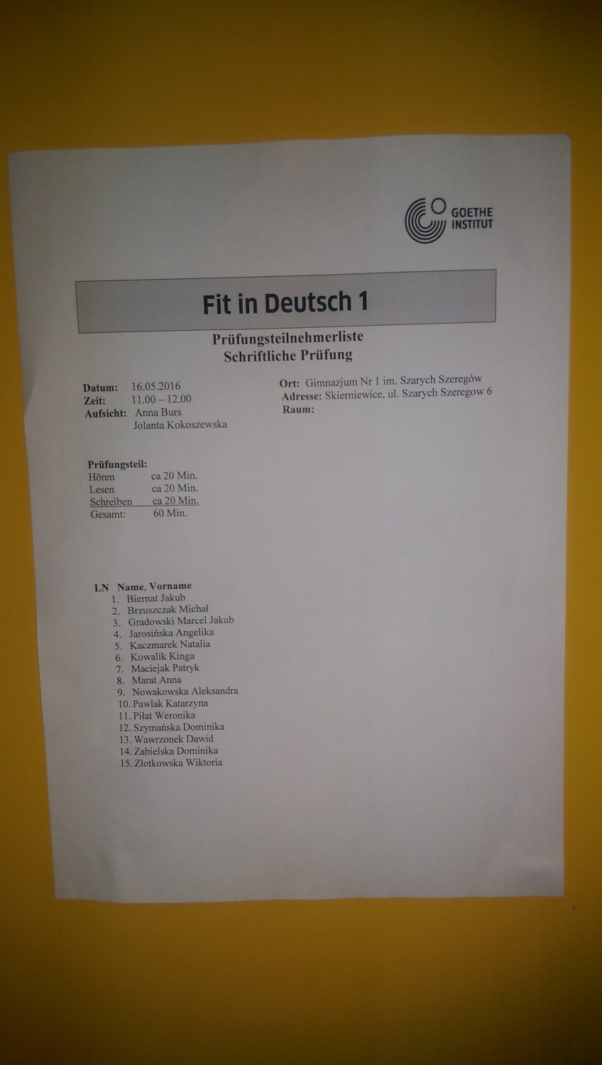  Egzamin państwowy z języka niemieckiego "Fit in Deutsch" w Gimnazjum nr 1 w Skierniewicach