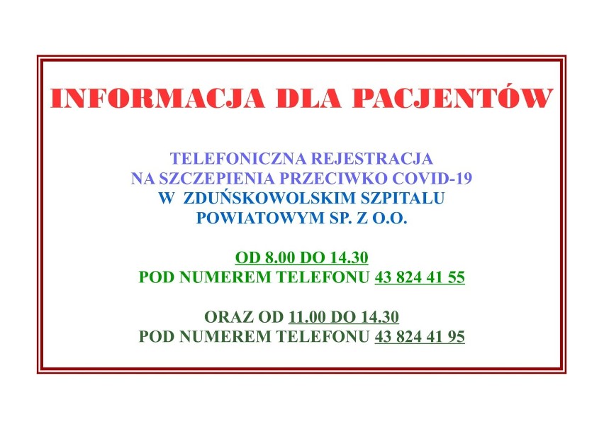 Rejestracja na szczepienia w Zduńskiej Woli. Dodatkowy numer  telefonu w szpitalu