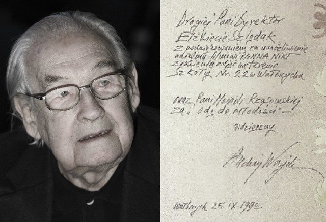 Andrzej Wajda (1926-2016) wpisał się do księgi pamiątkowej Szkoły Podstawowej nr 22 w Wałbrzychu, w której kręcił część zdjęć do filmu pt. „Panna Nikt”