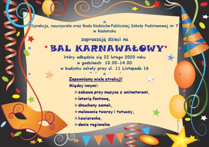 PSP 7 w Radomsku zaprasza na Bal Karnawałowy i Dzień Otwarty