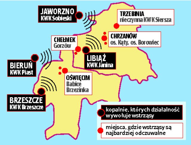 Orientacyjna mapa obszarów w powiatach chrzanowskim i oświęcimskim, gdzie najbardziej odczuwalne są negatywne skutki działalności wydobywczej okolicznych kopalni
