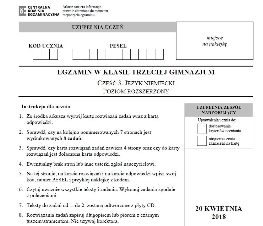 EGZAMIN GIMNAZJALNY 2018. Język niemiecki poziom rozszerzony - arkusze CKE i odpowiedzi [20.04.2018]