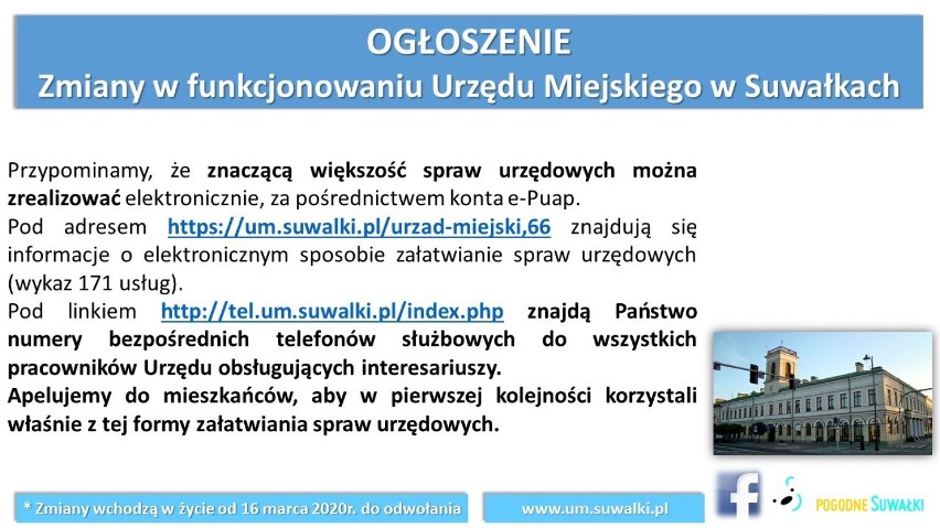 Koronawirus w Suwałkach. Prezydent miasta zamknie część urzędu (15.03.2020)