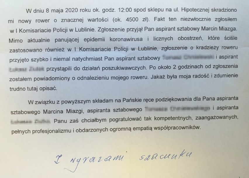 Komendant Wojewódzkiej Komendy Policji w Lublinie otrzymał list z podziękowaniem od mieszkańca Lublin za szybkie przeprowadzenie akcji