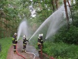 Strażacy z Ochotniczej Straży Pożarnej w Dobrzycy gasili pożar w lesie w Lutyni w ramach ćwiczeń gminnych