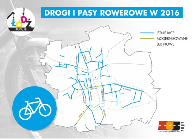 Istniejące i planowane drogi rowerowe w Łodzi w 2016 r.