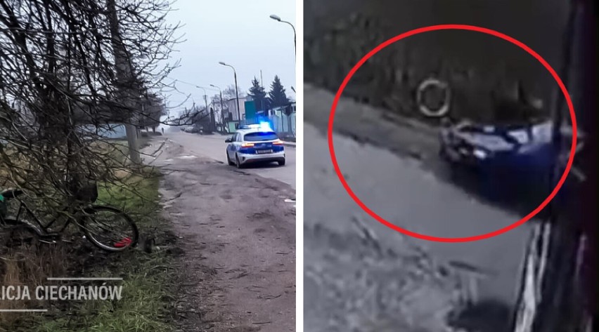 Groźny wypadek w Ciechanowie. Na prostej drodze w rowerzystkę wjechało rozpędzone auto. Kobieta z obrażeniami trafiła do szpitala