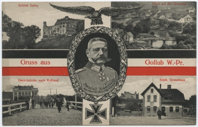 Pocztówka z czasów pierwszej wojny pokazująca przejście graniczne między Golubiem i Dobrzyniem.