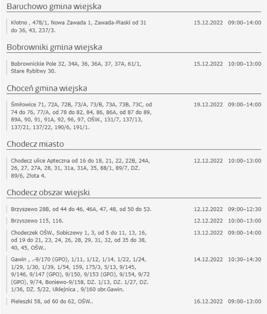 Tu nie będzie prądu w Kujawsko-Pomorskiem [miasta, gminy - 17.12.2022]