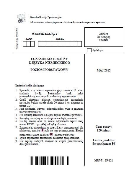 Matura 2012: język niemiecki  - poziom podstawowy [ARKUSZE]